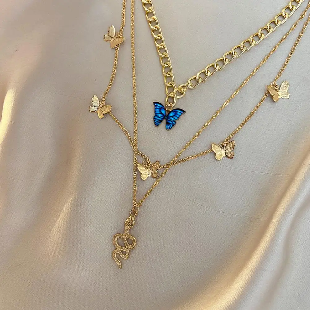 Snake Pendant Jewelry Elegant Three-layered Butterfly Snake Pendant Necklace for Women Retro Golden Chain Jewelry for Wear