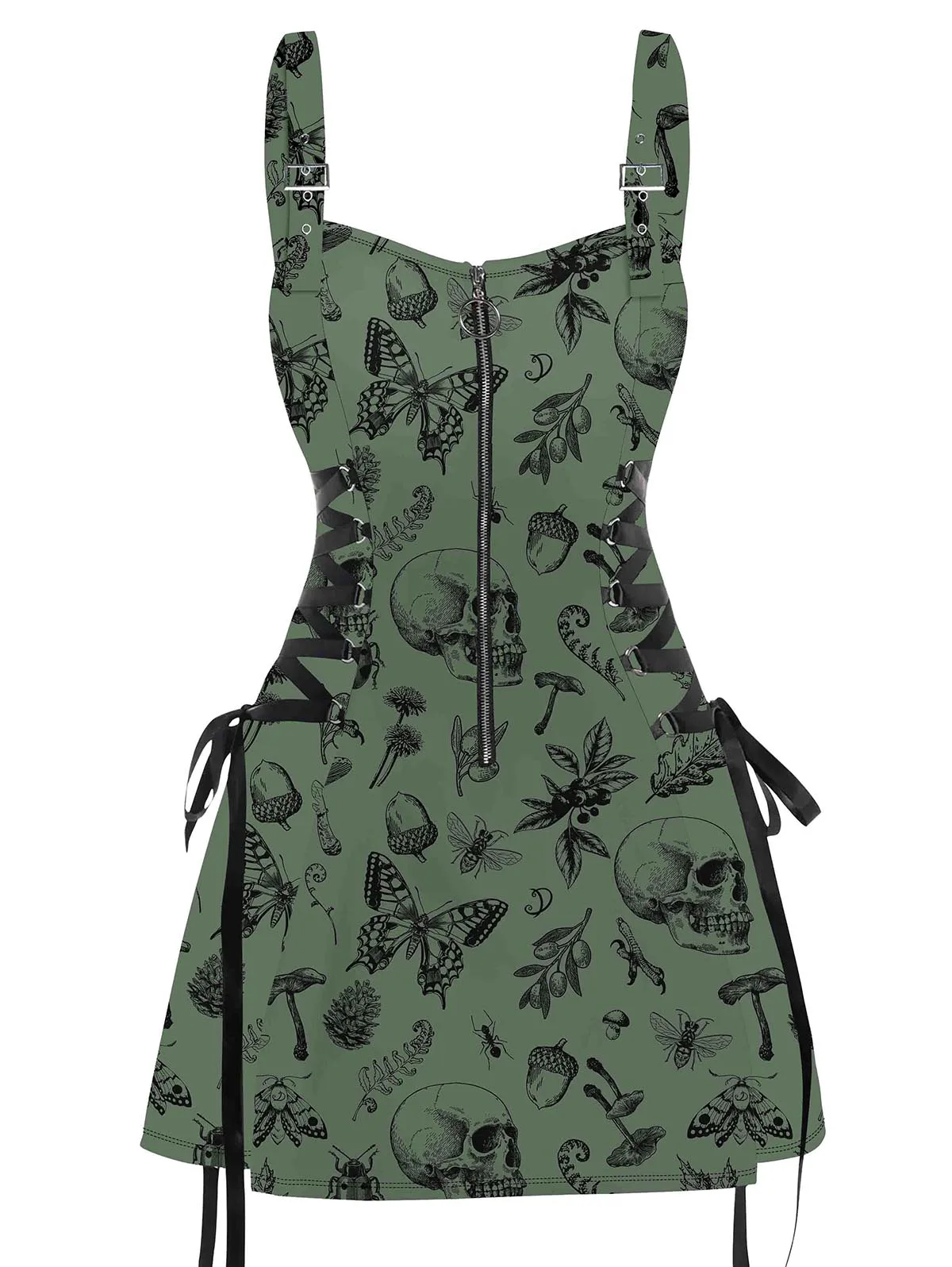 Dressfo Womens Sexy Mini Dresses Skull Animal Plant Print Buckle Strap Dress Lace Up Half Zipper Mini Dress Green Dress Sundress