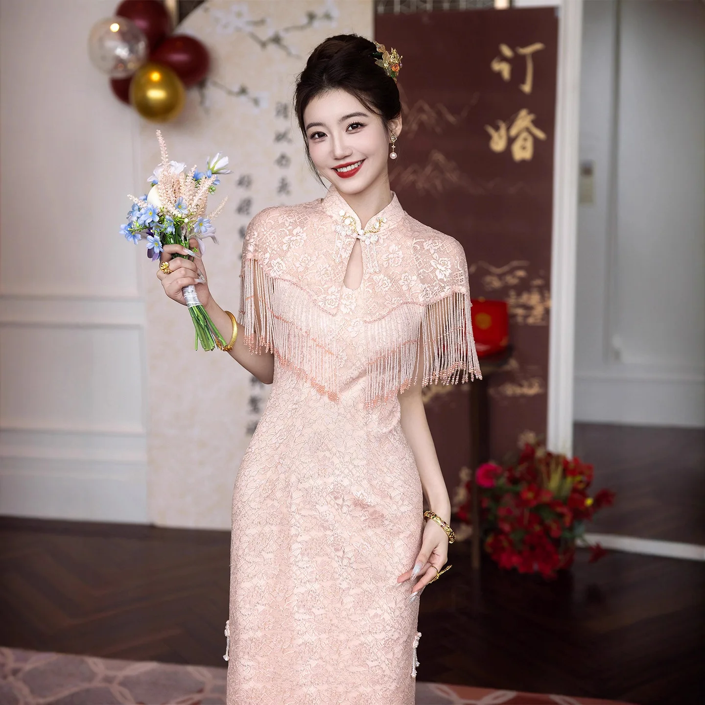 Women Chinese Dress Qipao Set Tassel Cloud Shoulder Cheongsam Lace Dress Pink Bride Wedding Dress Banquet Gown Robe De Soiree