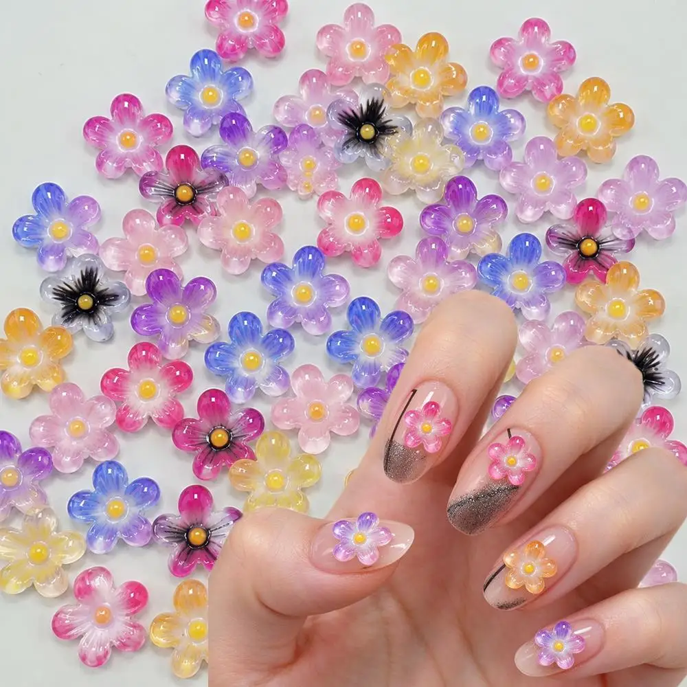 50Pcs Gradient Color Five-Petals Flower Nail Charms 3D Translucent Resin Floral Nails Decoration DIY Manicure Salon Accessories