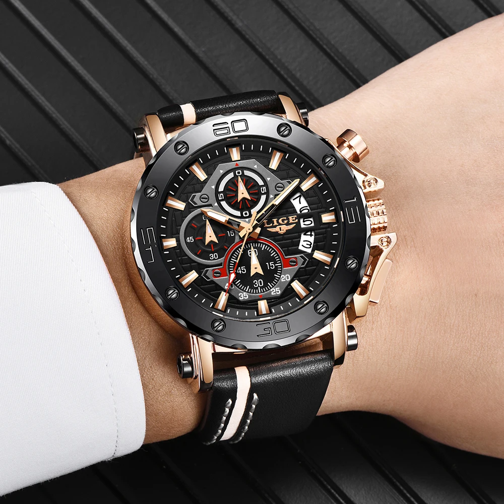 LIGE 2023 New Business Learther Mens Watches Top Brand Luxury Quartz Watch For Men Waterproof Sport Big Dial Military Wristwatch