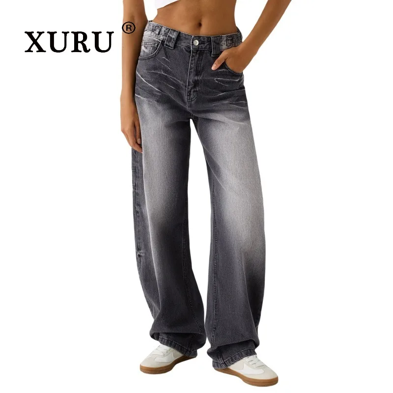 

XURU - New Women's Heavy-duty Washed Loose Jeans, Y2k Clothing High Waist Wide Leg Long Jeans, Men's Pants