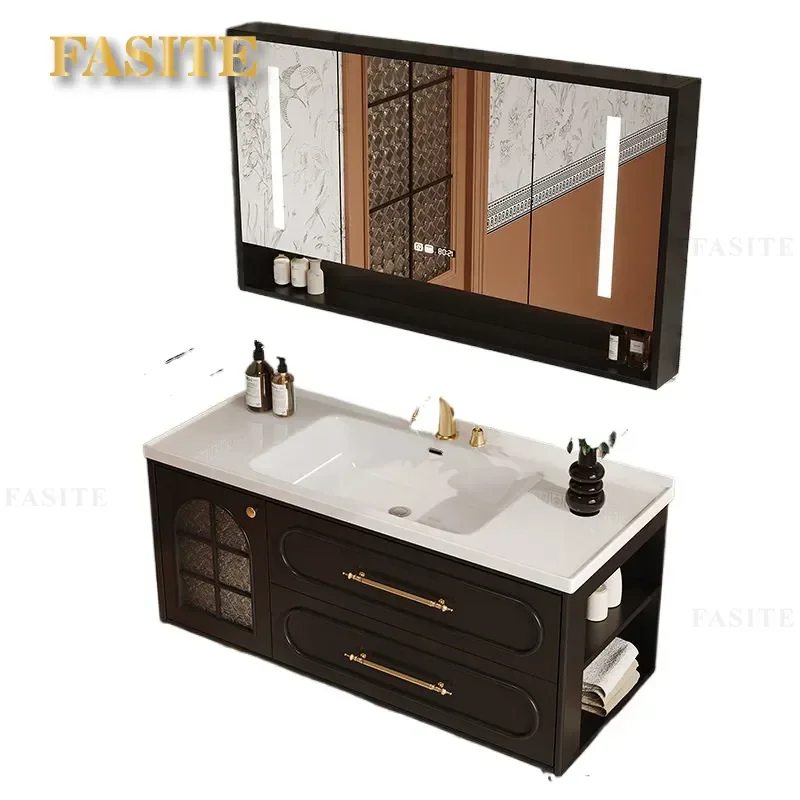 French Retro Oak Bathroom Cabinet with Ceramic Integrated Basin Light Luxury Vanity Unit for Toilet Washroom Storage