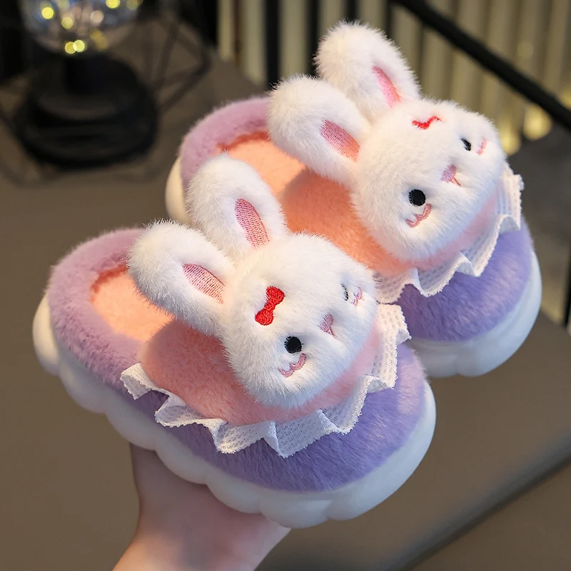 2024 New Winter Warm Cute Cartoon Bow Rabbit Indoor Mule Soft Non-slip Kids Fluffy Slippers For Girls Children Home Cotton Shoes