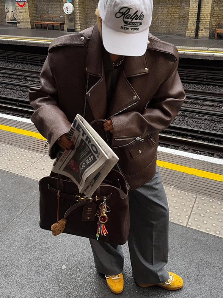 

Women Zipper Brown Leather Jackets Casual Lapel Full Sleeve Pocket Loose Pu Coat Lady Autumn New Outdoor Commute Streetwear