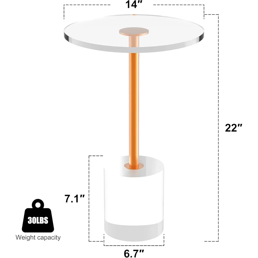 Acrylic Side Table, Small Gold Coffee Table with Brushed Brass Metal, Round Acrylic End Table Martini Table for Living Room Offi