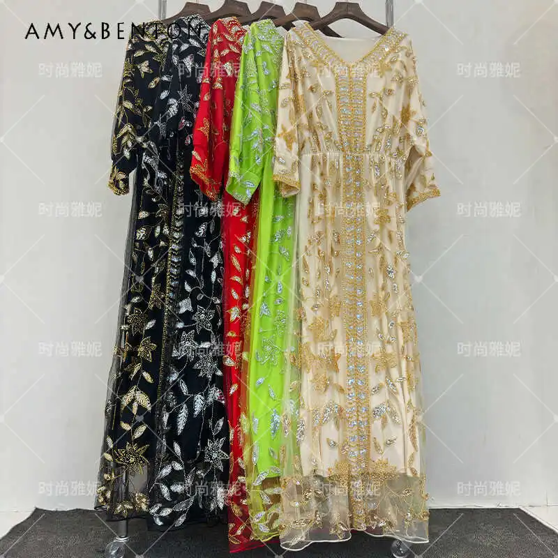 

Gorgeous Long Dresses American Heavy Industry Light Luxury Three-Quarter Sleeves Sequined Beaded Dress Fashion Clothes Vestidos