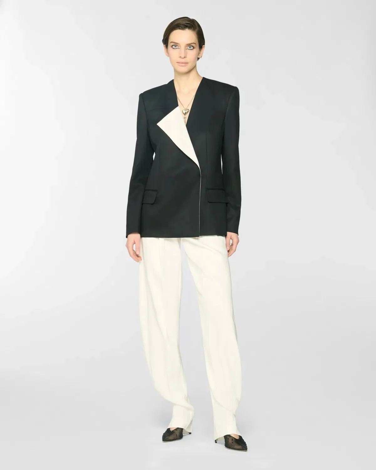 ชุดเดรสสตรี ชุดราตรี ชุดสูท แอพพลิเคชั่นหรูหรา แจ็คเก็ตคอปกสีตัดต่อ กางเกงขายาว สำหรับผู้หญิง ผ้าซาติน ชุดสูท 2 ชิ้น แบบสั่งตัด W5