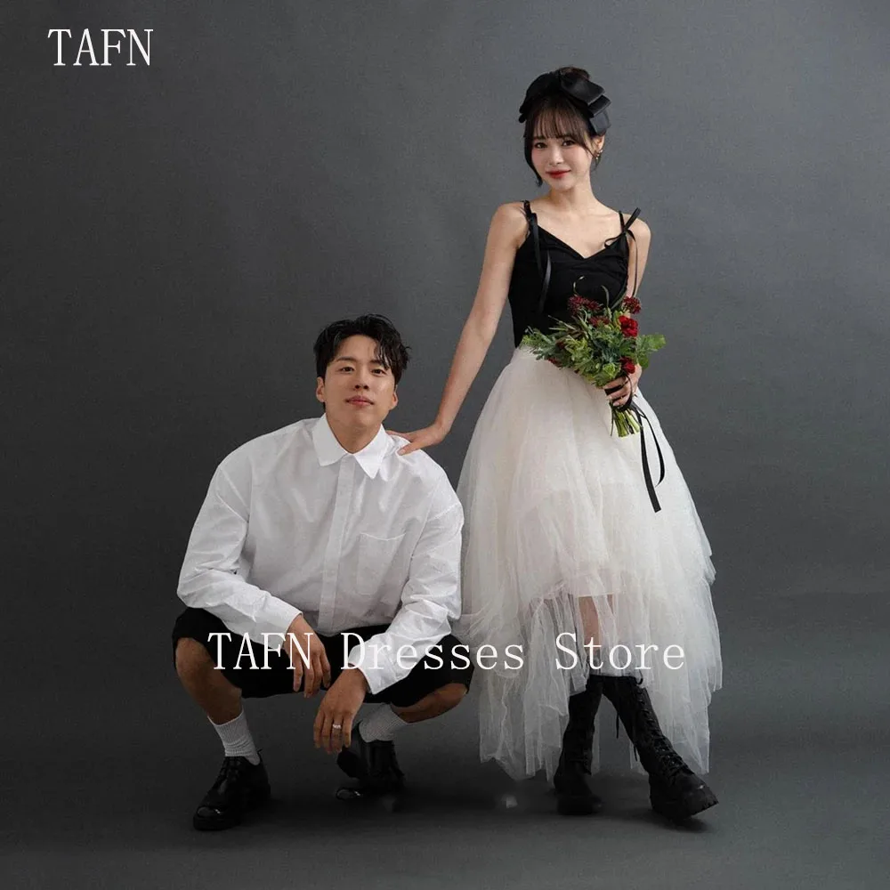 

TAFN Simple Black And White Wedding Dress Korea Photo Shoot A Line Tulle Bridal Gown Sleeveless Spaghetti Straps Dresses