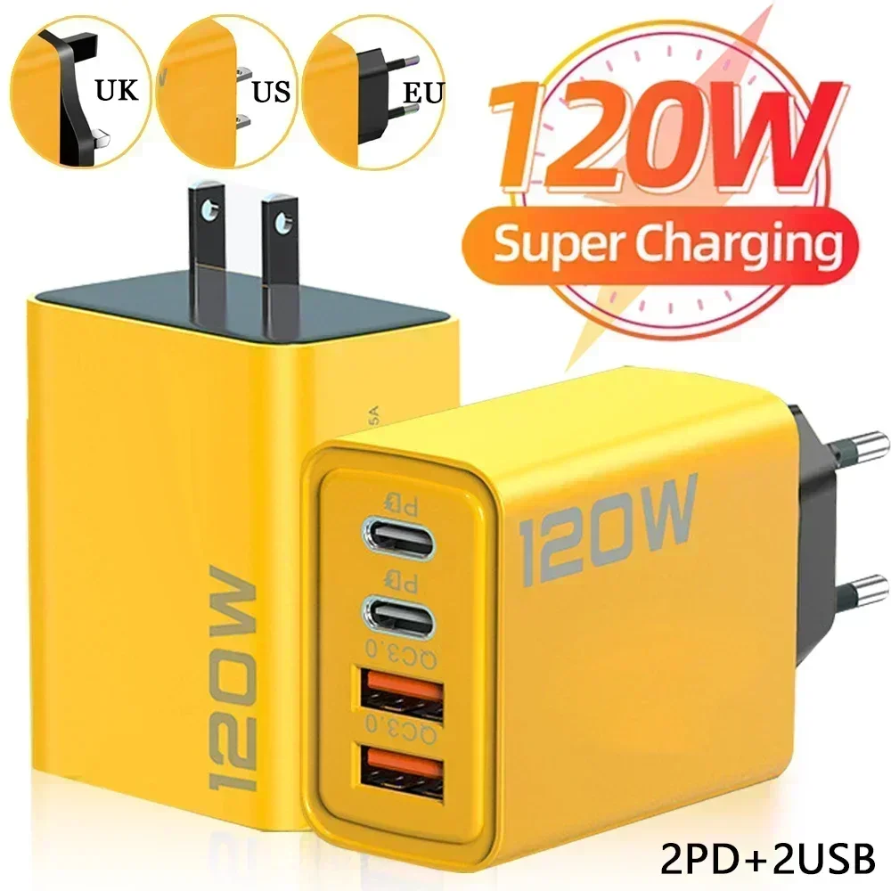 120W Fast Charging 4 Ports Mobile Phone Charger QC3.0 USB Type C Chargers Dual PD Wall Adapter EU/US/UK Plug for IPhone15 Xiaomi