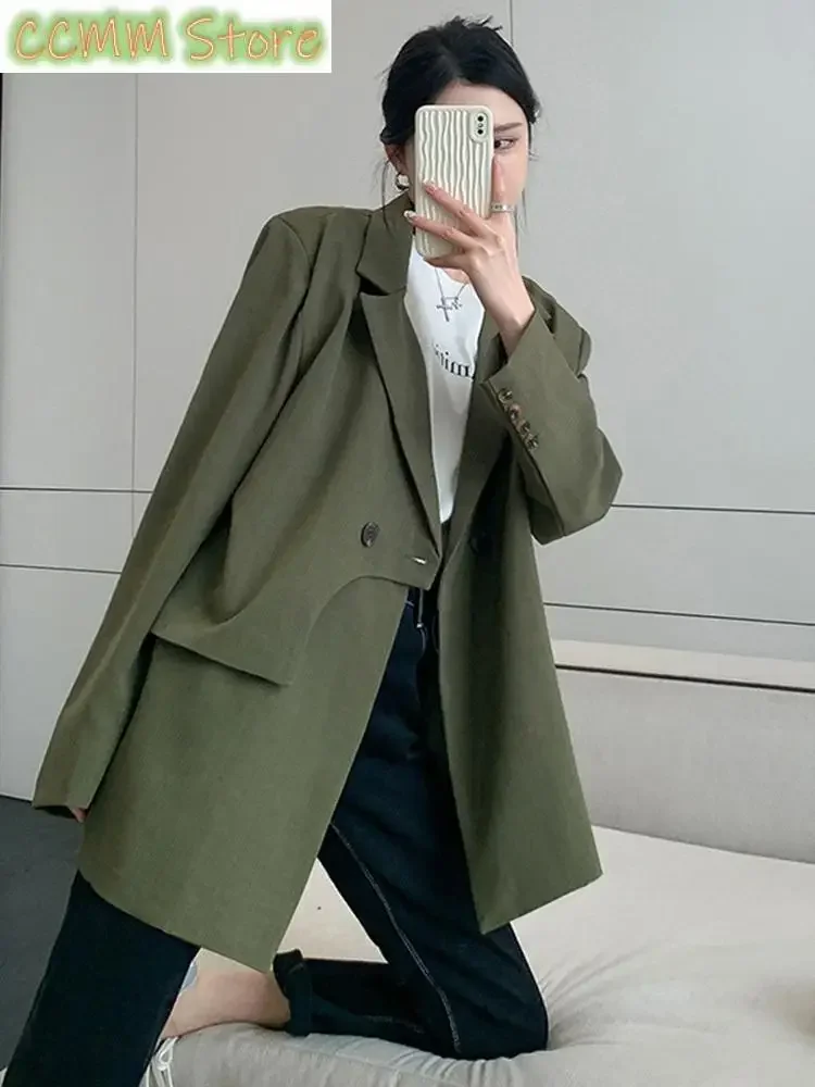 Women Green Irregular Big Size Casual Blazer New Lapel Long Sleeve Loose Fit Jacket Fashion Spring Autumn