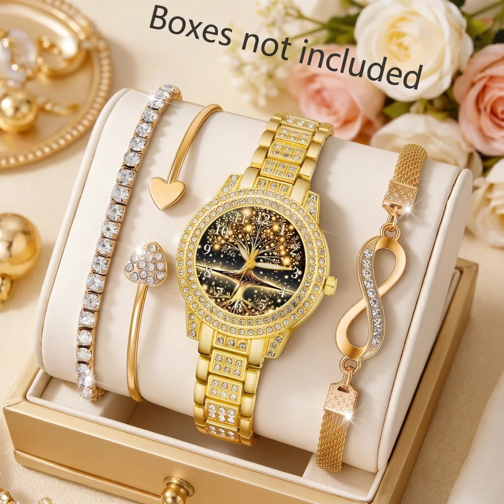 4Pcs/Set Unisex Jewelry Watches Women's Wristwatch Accessories Gold Trendy Fashionable Elegant Classic Exquisite Light Luxury Rhinestone Luxury Digital Scale Round Dial Quartz Watch Set Y2K Suitable for Daily Outfits Perfect Holiday Gift