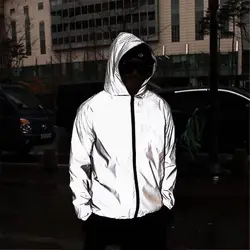 Fully Reflective Jacket With Hoodie Waterproof Windbreaker for Men Women Cycling Hiking Running Hip Hop Safety Jacket Men's Coat