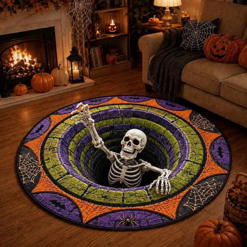 3D-Illusion Totenkopf-Wirbel Runder Teppich Filmraum Horror-Thema Bodenmatte für Wohnzimmer Schlafzimmer Dekoration Teppich Halloween-Geschenk 2D-Druck – Detail 3