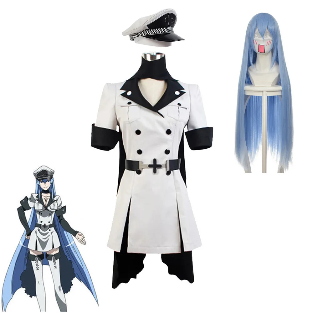 

Anime Akame Ga KILL! Esdeath Cosplay Costume Aldult Unisex Sexy Coat Scarf Tie Hat Wig Halloween Rave Party Combat Uniform Suit