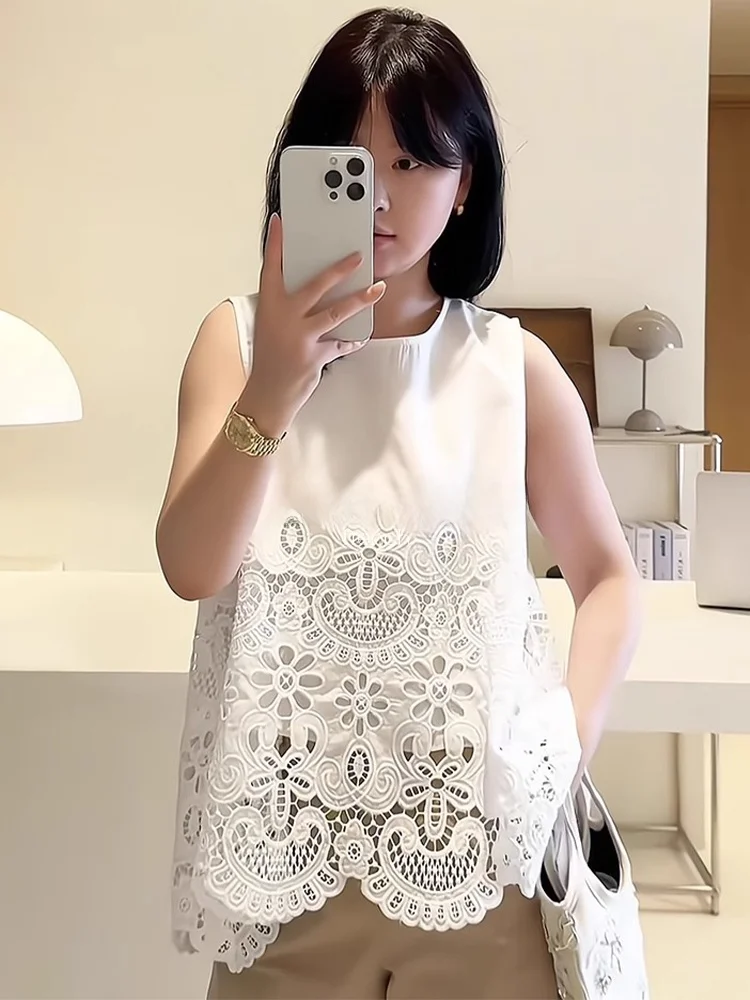 

ROUJE KEFSS Lace Hollow out Vest Women's Summer Fashion round Neck Sleeveless Top Elegant Quality Large Size Inner Wear