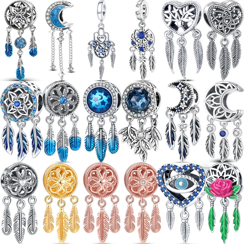 

925 Sterling Silver Dreamcatcher 3 Feathers Stars Moon Pendant Charms Fit Pandora 925 Original Bracelet DIY Making Beads Jewelry