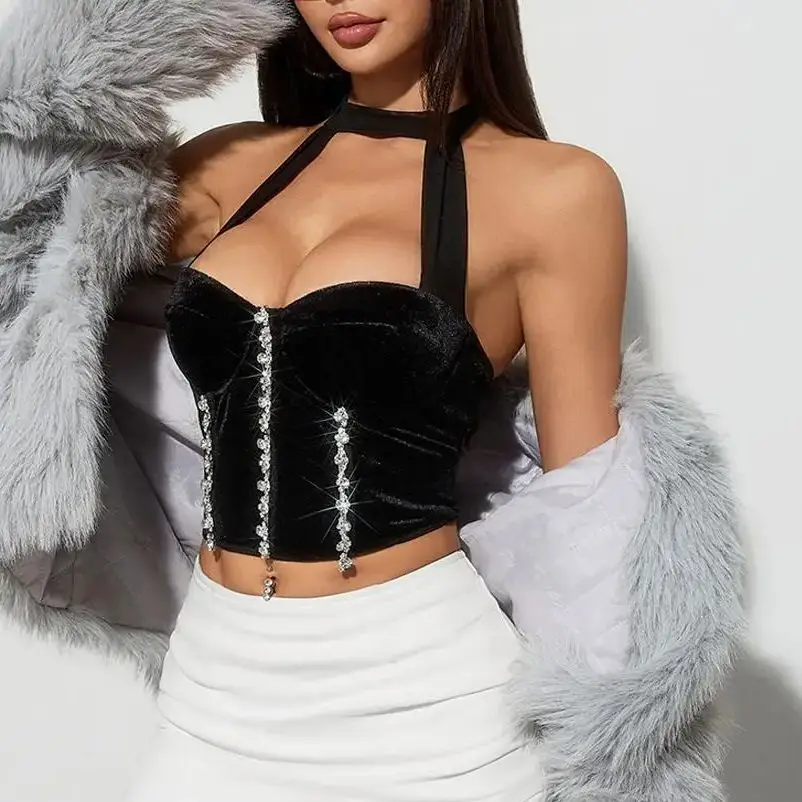 

Women's Corset Sleeveless Velvet Tops with Rhinestone Sexy Backless Vest Party Camisole Slim Halter Tank Top Aesthetic Clothing
