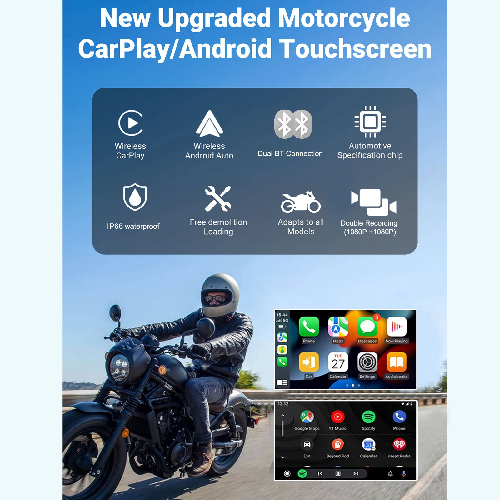 5 Inch Motorcycle GPS Navigator Screen 1000nit IP66 Waterproof Wireless Carplay Android Auto Multimedia Player With Dual Cameras