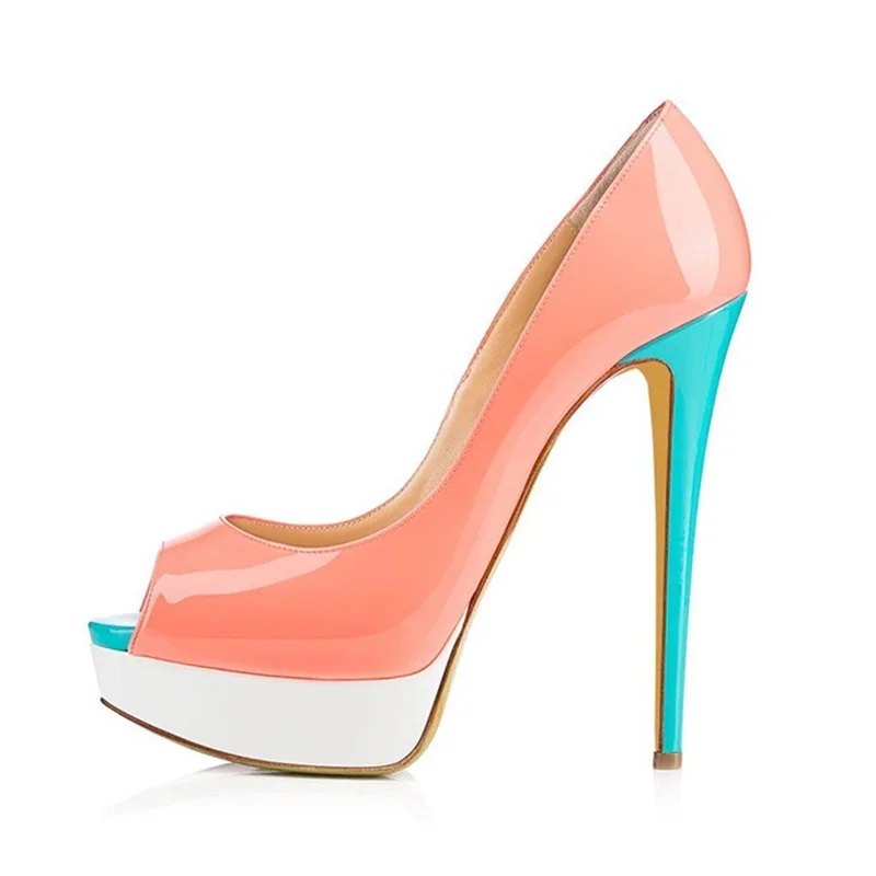 

14-16cm Peep Toe Slip On Women Pumps Black Pink Yellow Patent Leather Slip On Platform Stiletto High Heels Female Dress Shoes