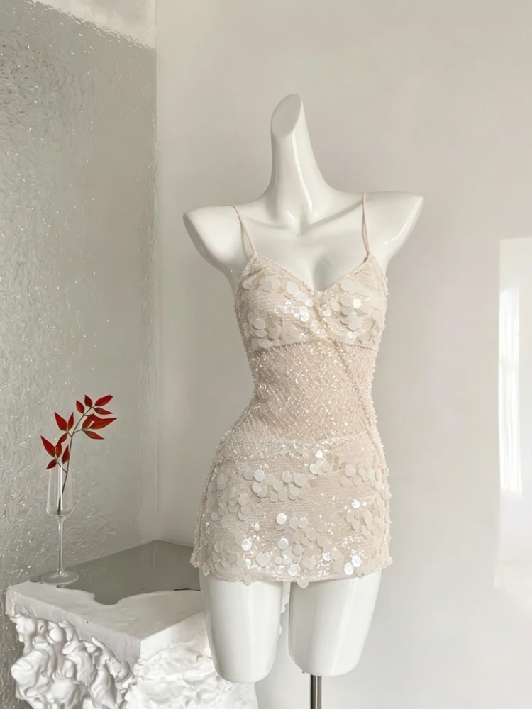 Summer Sexy Spicy Girl 2 Piece Set for Women Sequin Halter Tops + High Waist Design Mini Skirt Chic Vintage Daily Female Outfits