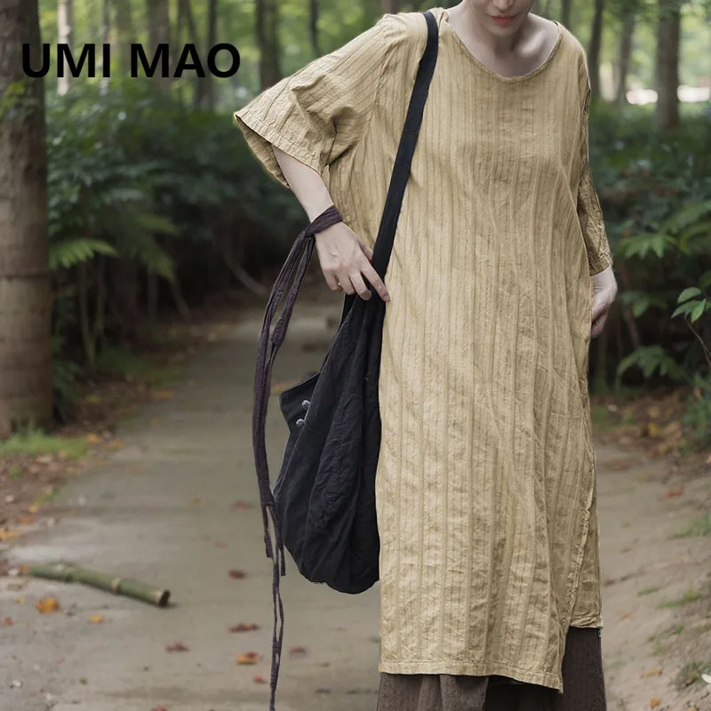

UMI MAO Dress Elegant Women Summer Autumn Washed Vintage Loose Slimming Artistic Striped Irregular Clip Dress Femme