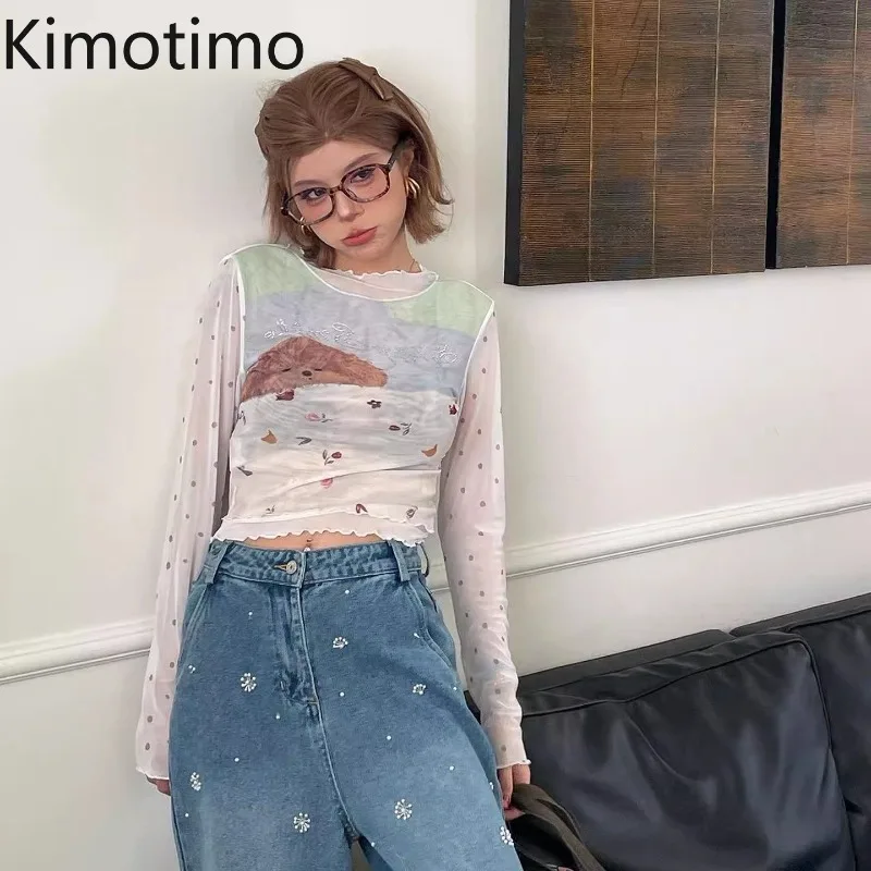 Kimotimo Floral Puppy Letter Diamonds Mesh Fake Two Piece T-shirt Women 2026 New See Through Slim Dot Long Sleeve Crop Top Tees