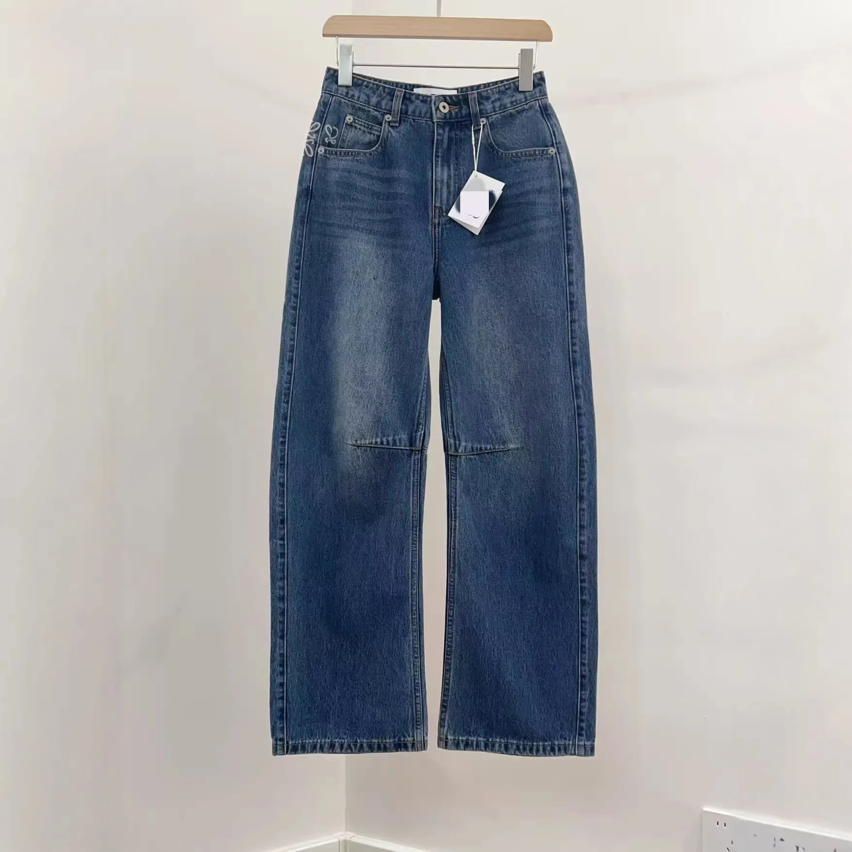 

Classic High Waist Wide Leg Knife Denim Jeans Long Pants Slimming Effect Cotton Stretch Denim Fabric Deep And Light Colors