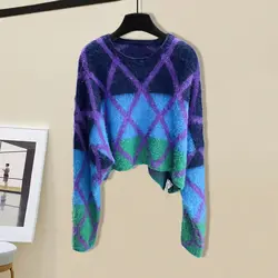 Fashion O-Neck Knitted Loose Color Plaid Sweaters Female Clothing 2023 Autumn Winter Oversized Casual Pullovers Korean Tops