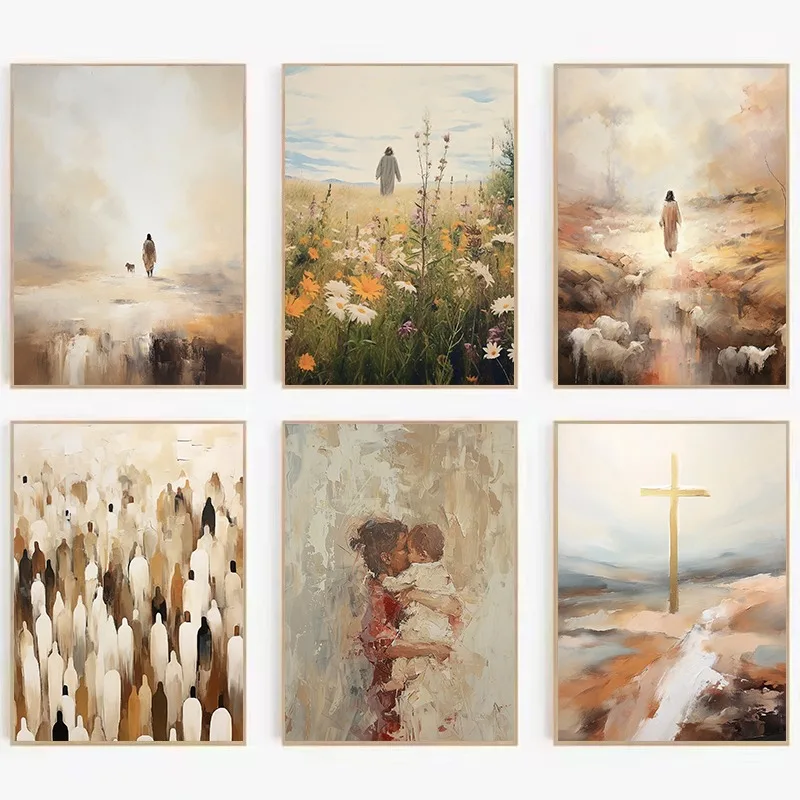 Watercolor Jesus in Flower Field God Shepherd Christian Religious Aesthetic Poster Canvas Painting Wall Pictures Home Decor