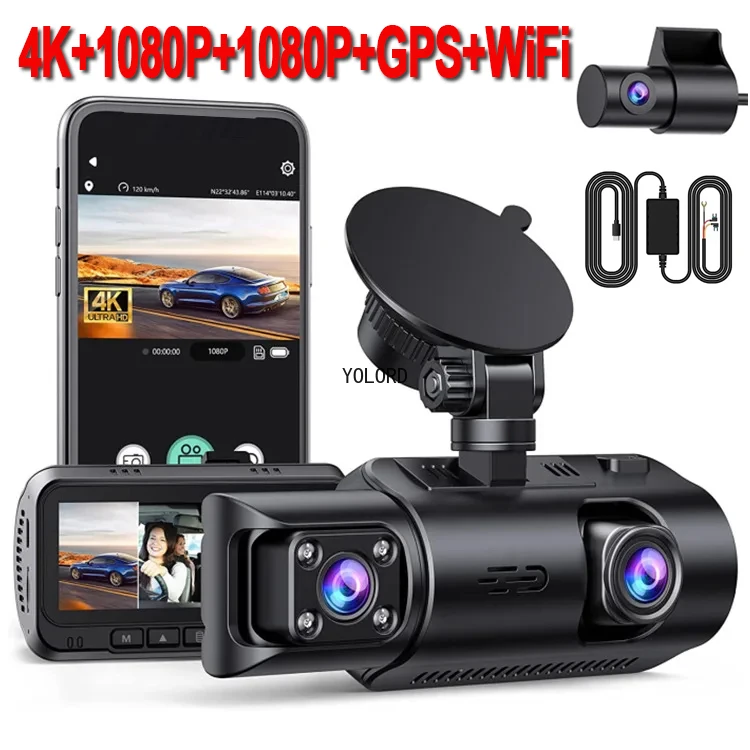 3 Channel Dash Cam 4K+1080P+1080P 3 Camera Video Recorder 5G WiFi GPS Car DVR SONY IMX335 IR Night Vision 24H Parking Monitoring