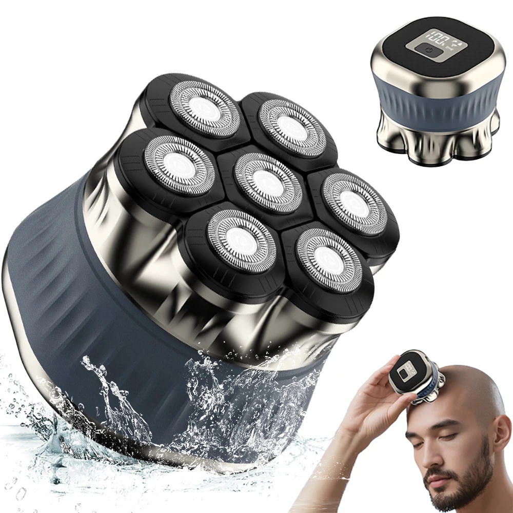 Kopfrasierer 7D für Glatzköpfige Männer Wasserdichter Kabelloser Nass-Trocken-Elektrorasierer mit Rotationsklingen Wiederaufladbares Pflegeset für Gesichtshaar