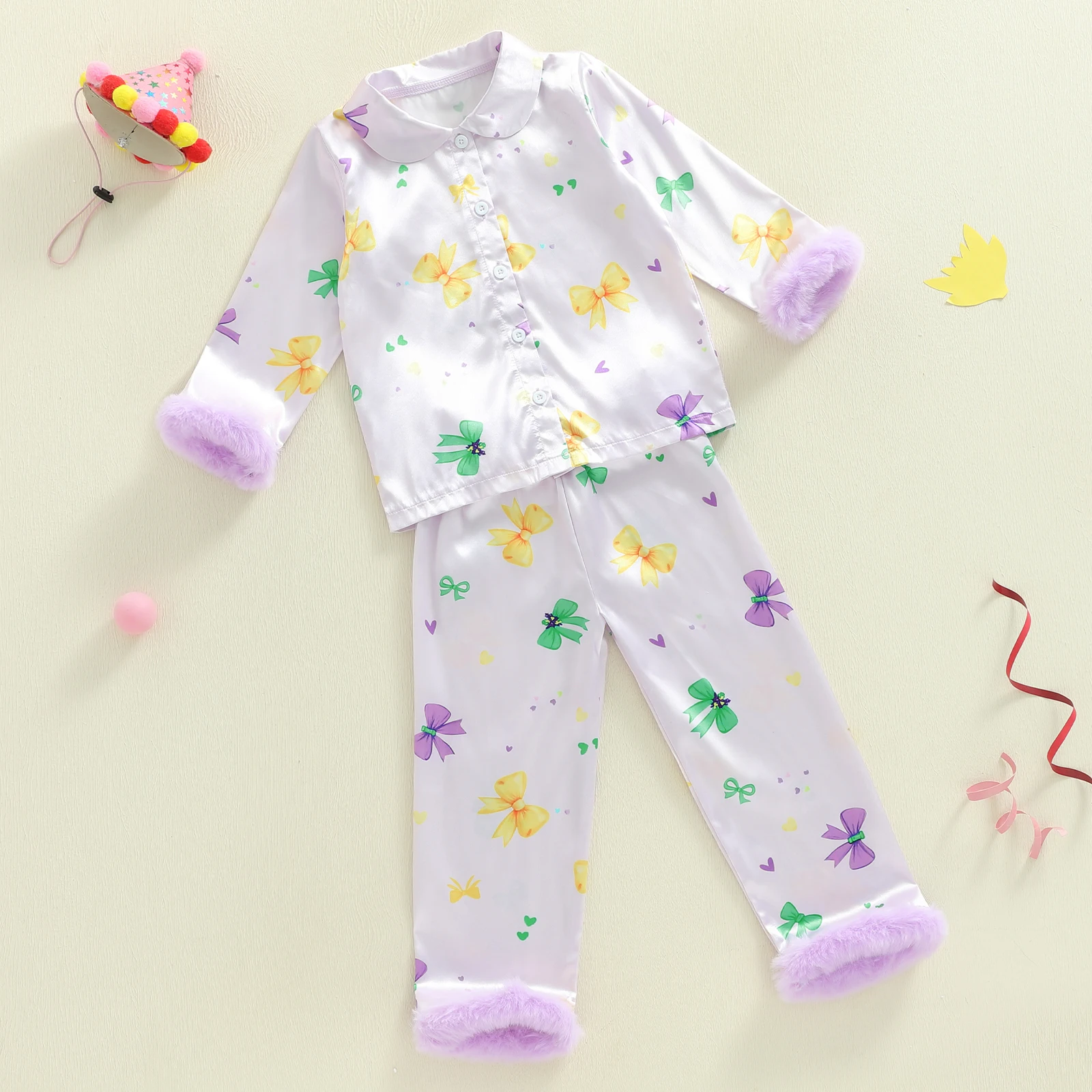 أطقم بيجامات MardiGras للفتيات الصغيرات قطع علوية لطيفة مطبوعة بفيونكة وأكمام طويلة مع بنطال مكون من قطعتين ملابس نوم