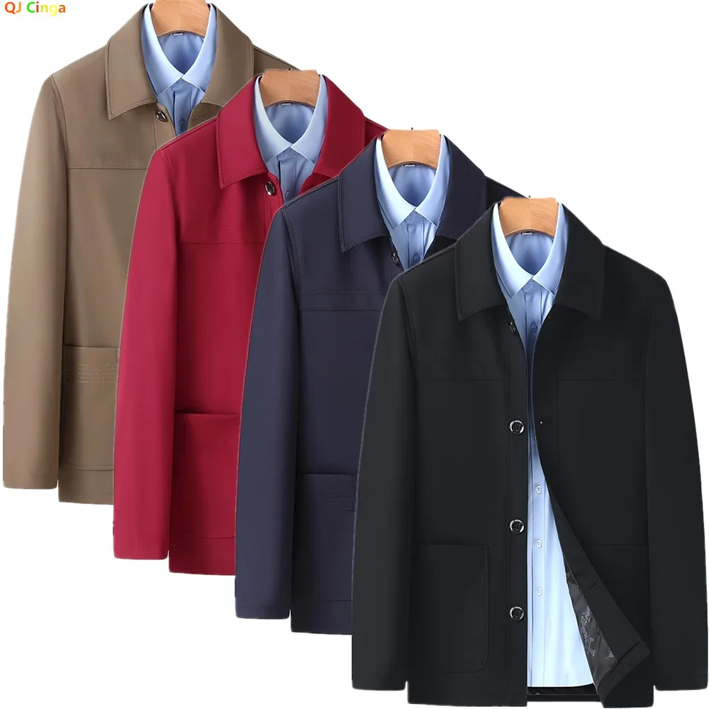 2026 New Black Men's Long-sleeve Collared Jacket, Autumn Red Single-breasted Casual Coat, Navy and Khaki Tops.