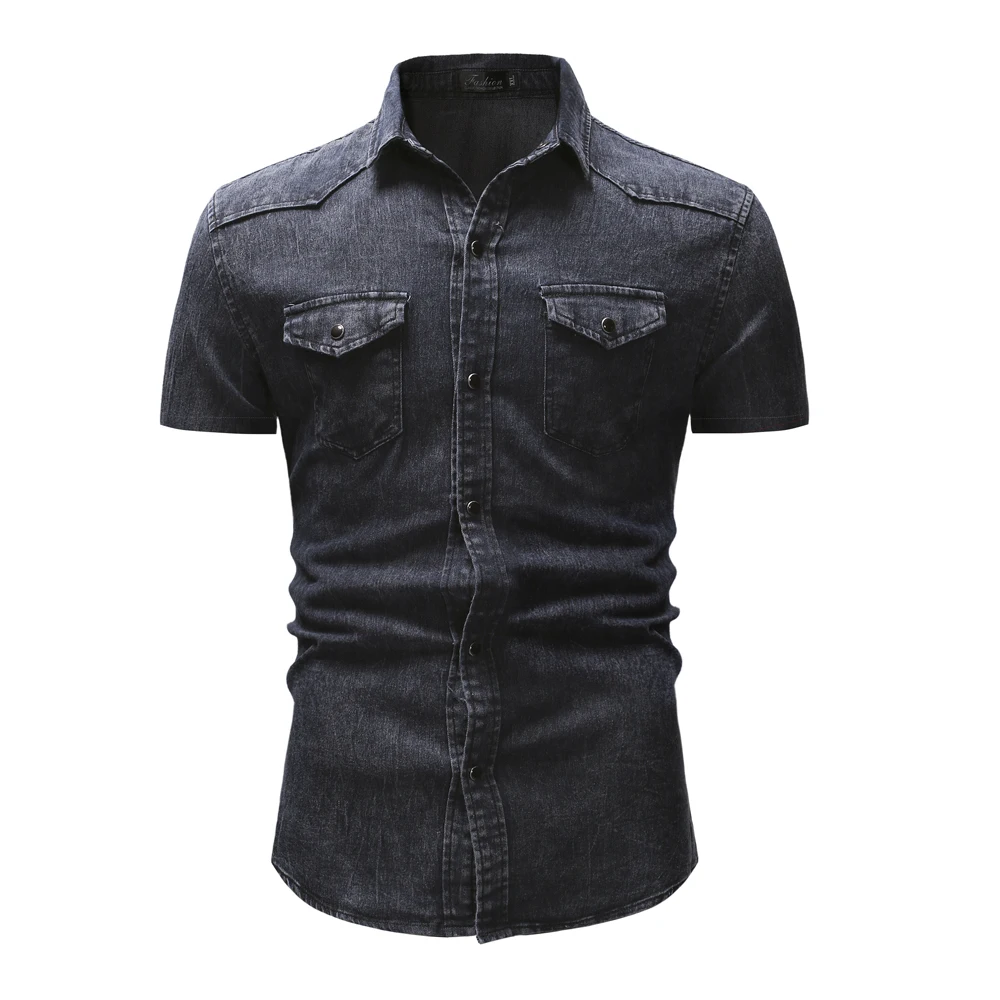 Denim Shirt Mens Cotton Jeans Shirt Fashion Autumn and Spring Men Slim Short Sleeve Cowboy Shirts Stylish Wash Slim Tops Dress