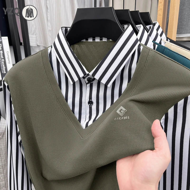 Mens Basic Fake Two Piece Striped Shirt Sweater Vest Long Sleeve Business Casual Top view 4