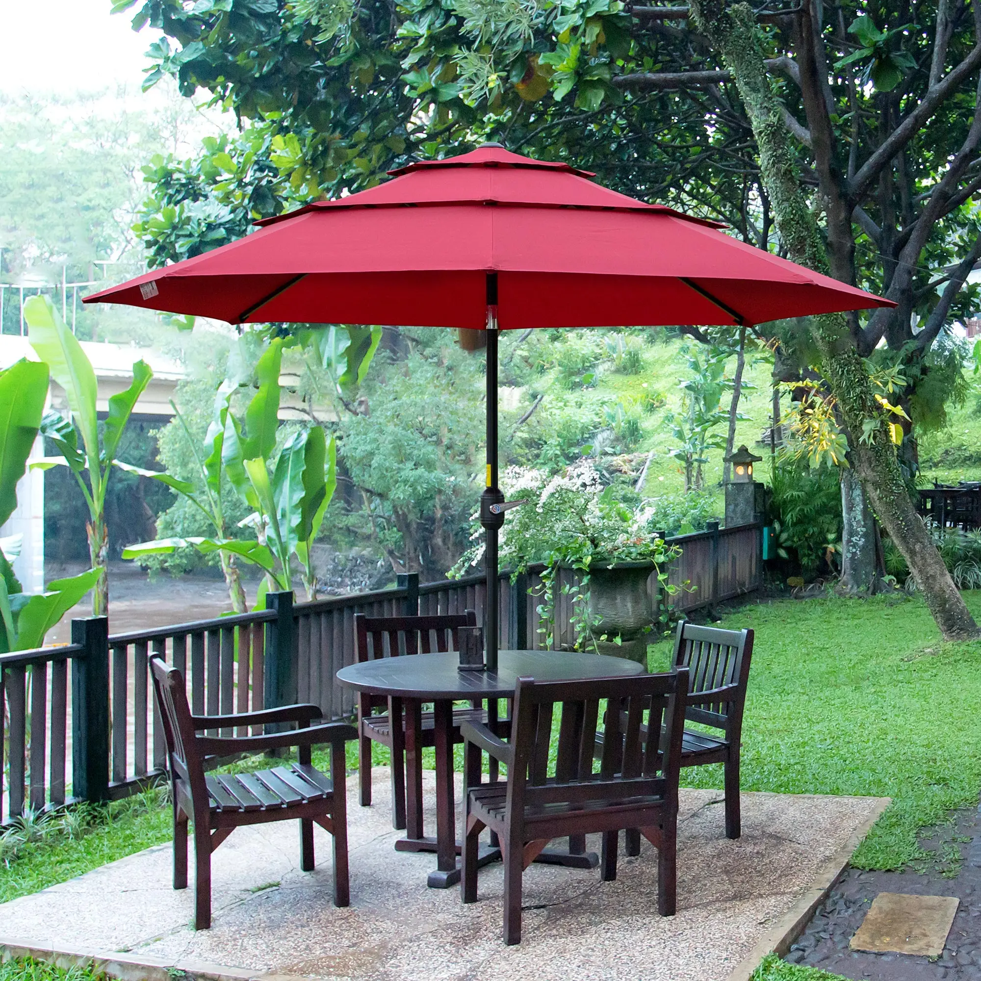 9FT 3 Tiers Patio Umbrella Outdoor Market Umbrella with Crank, Push Button Tilt for Deck, Backyard and Lawn, Wine Red