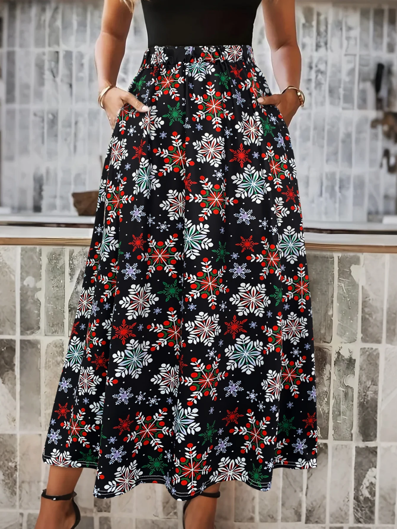 Women Christmas Snowflake Print Long Skirt Elastic Waist A Line Maxi Skirt Casual Holiday Party Skirt Standard Size