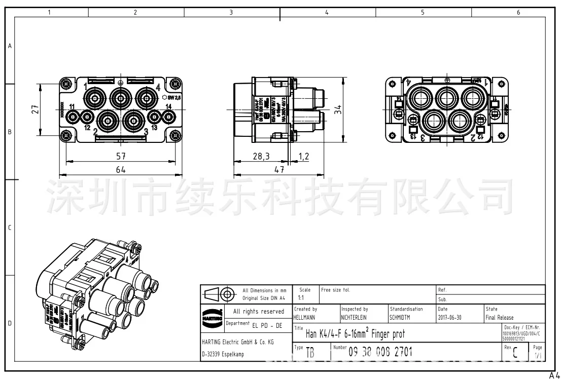 09380082701 HAN K4/4 4-ядерный 63a 4-ядерный 16A Выдерживаемое Напряжение 690 В/230 В