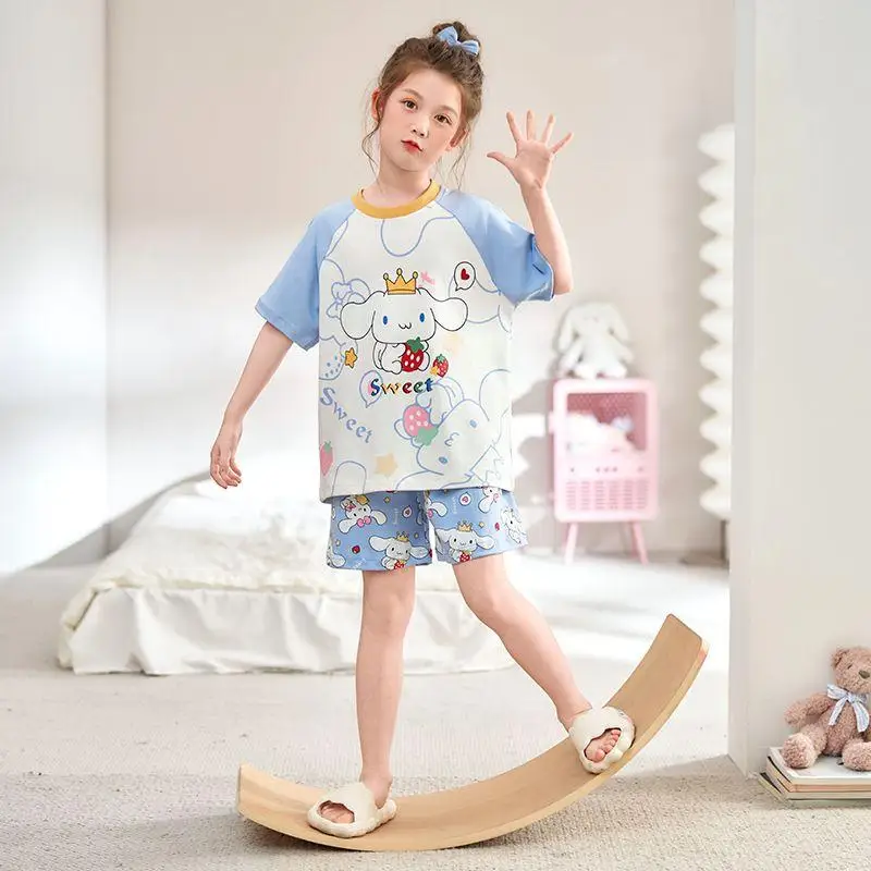 Sanrio Cinnamoroll Piyama Setelan Katun Murni Musim Panas Kaus Anak Perempuan Celana Pendek Nyaman Santai Kartun Kawaii Anime Pakaian Gaya Baru