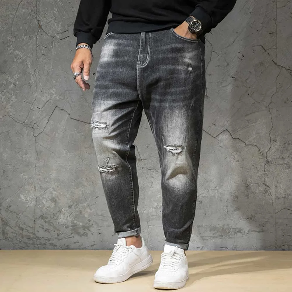 Jeans rasgados para homens, calça jeans casual folgada, streetwear de harém de hip hop, moda angustiada, plus size, nova