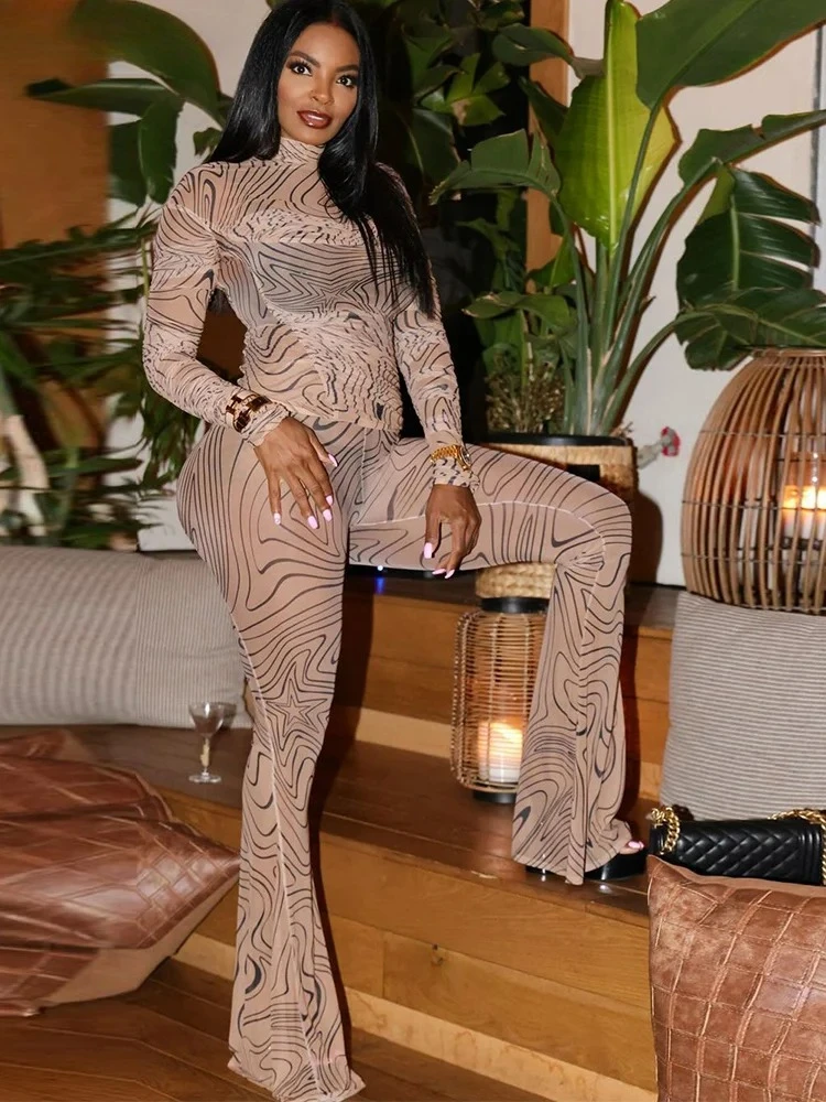 

Mesh Zebra Print Women 2 Piece Set Sexy Coquette Thin Autumn Full Sleeve t-Shirts+Pants Matching Midnight Clubwear