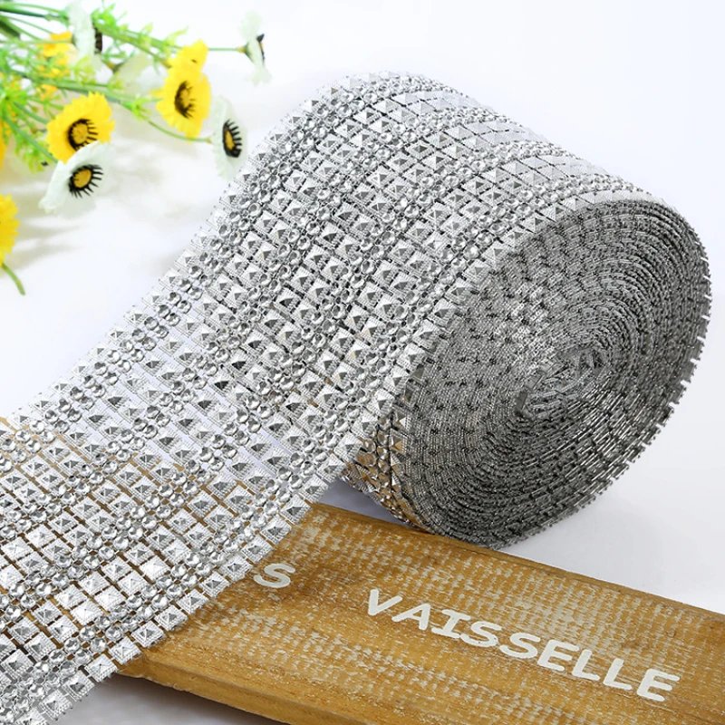 1 Yard 8 Rows White Pyramid Sparkle Rhinestone Crystal Diamond Mesh Wrap Roll Ribbon