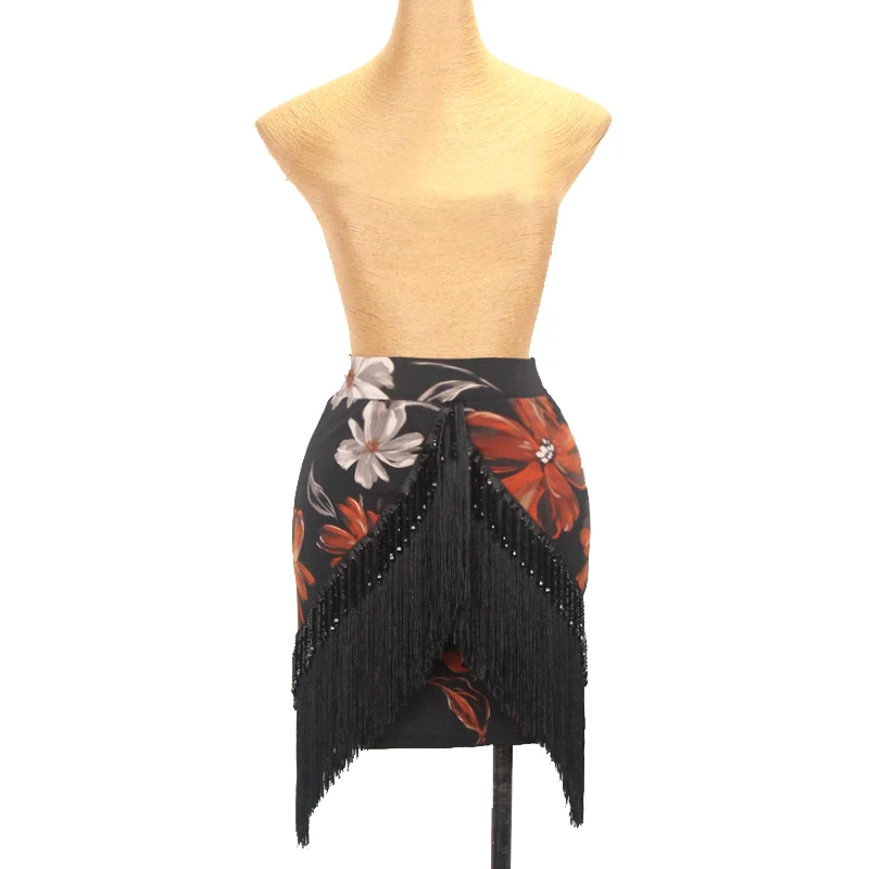 New Sexy Latin Dance Skirt Flower Mesh Black Lace Tassel Hip Scarf Rumba Cha Cha Dance Practice Clothes Fringe Skirt