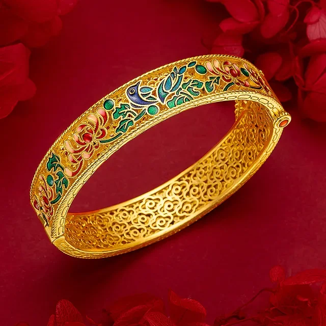 9999 real gold 24K yellow gold Ancient silk hollow flower and bird bracelet senior ladies bracelet