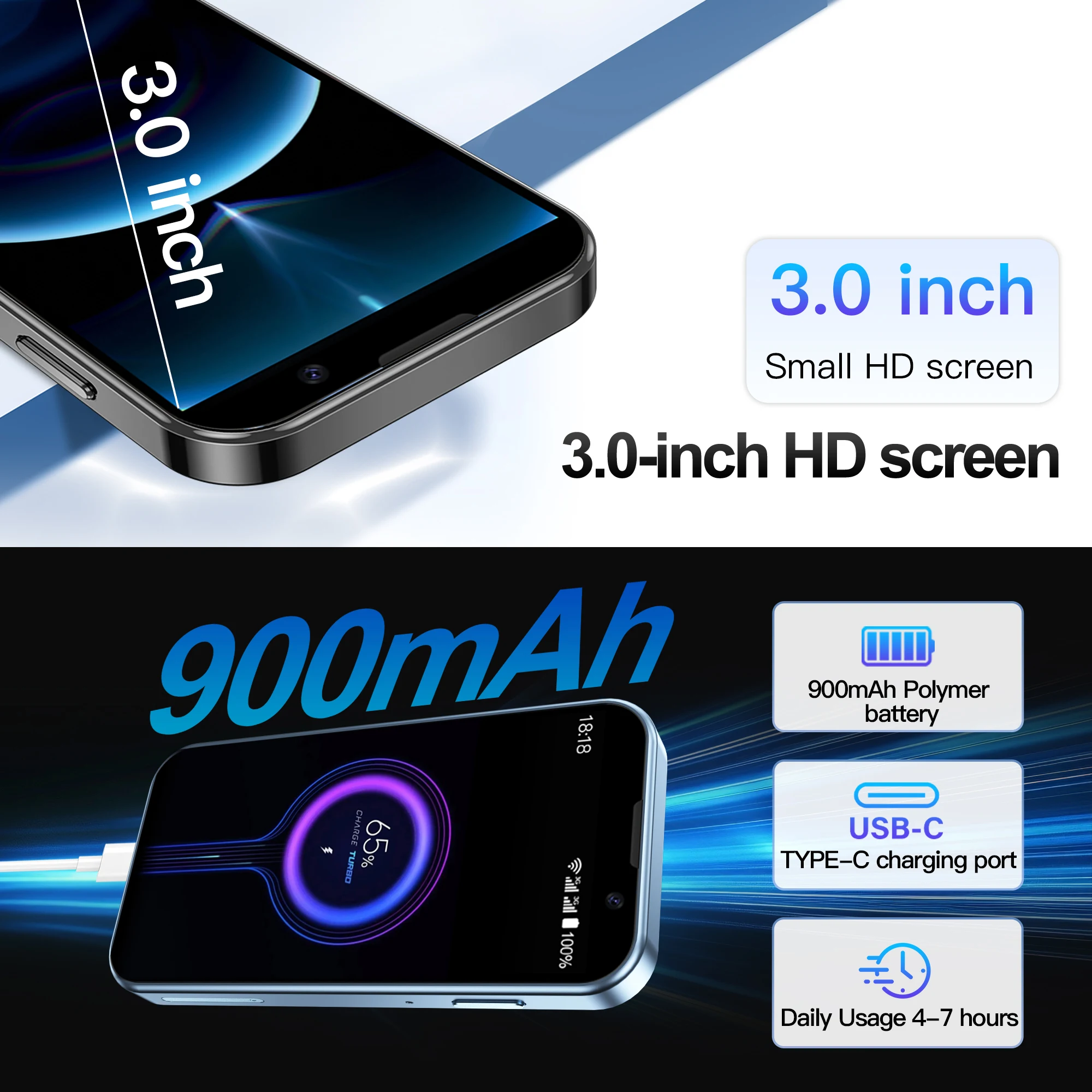 Mini Android Smartphone 3.0'' Display 3G WCDMA Dual SIM Standby 16GB ROM Small Cellphone Play Store Wifi Face unlock Tiny phone