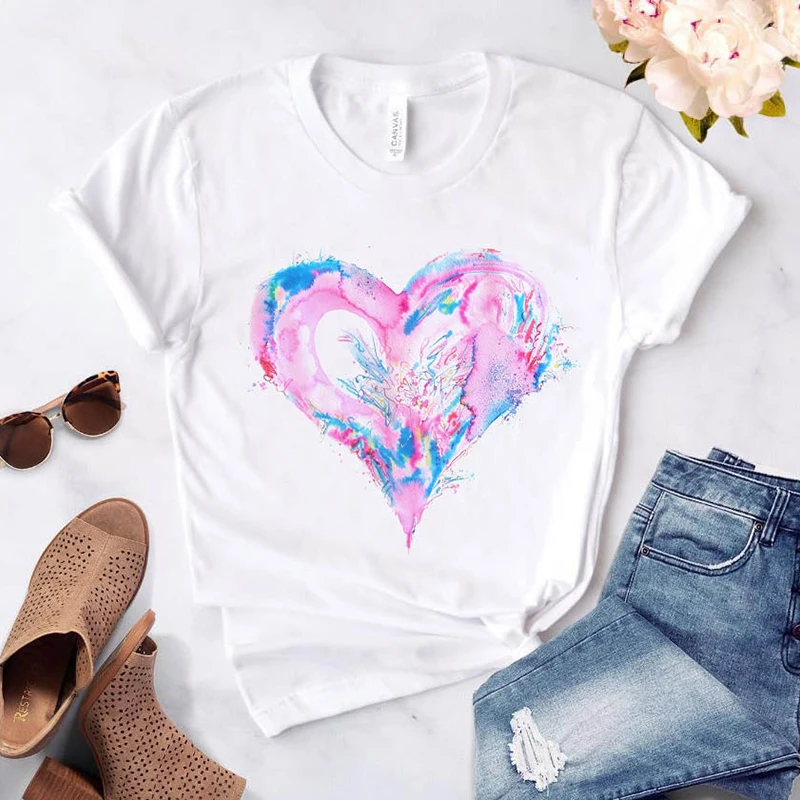 T-Shirt da donna con stampa floreale a cuore maglietta da donna Casual con colletto tondo maglietta con stampa grafica Love T-Shirt bianca manica corta