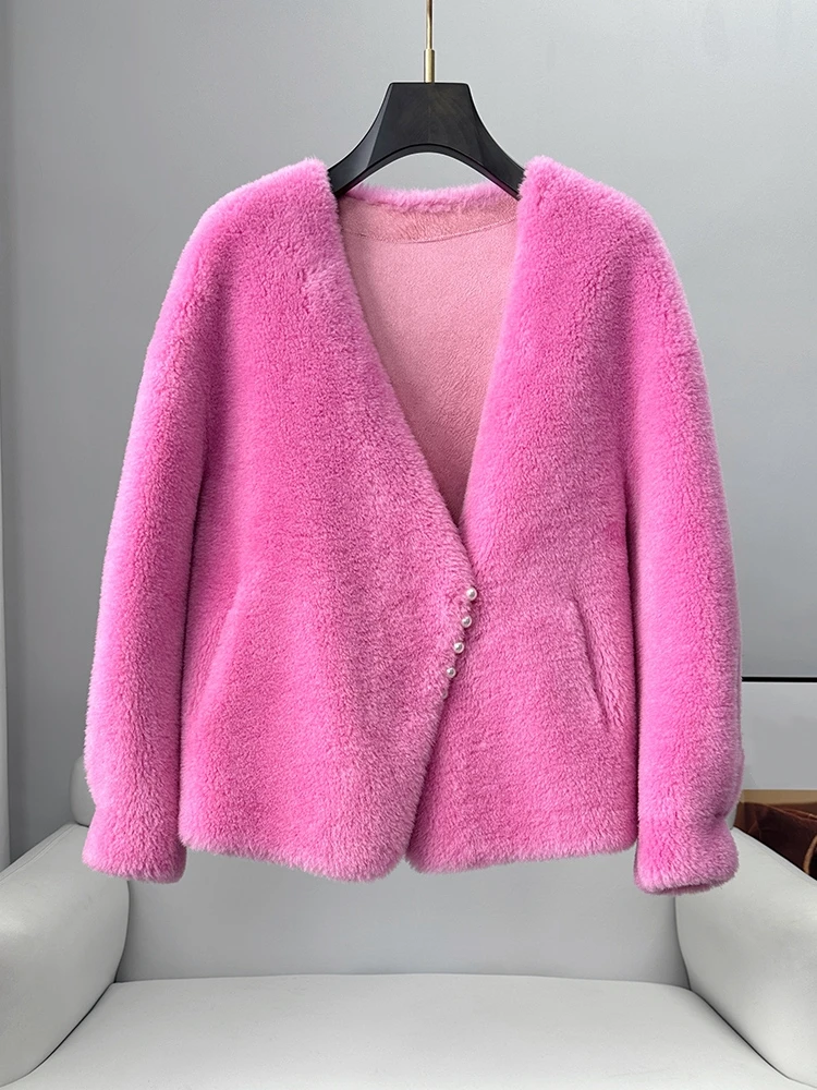 

PUDI 2023 New Fashion Genuine Wool Fur Winter Coat Women Warm Soft Sheep Shearing Uniform Jacket CT356