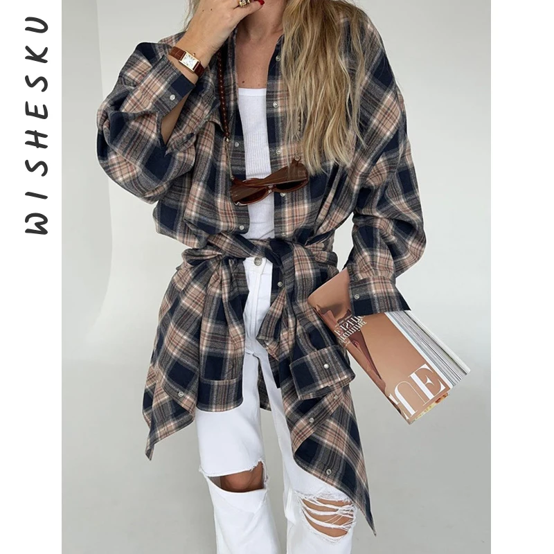 

Women Turn Down Collar Casual Plaid Print Blouses 2023 Autumn Winter Pockets Vintage Baggy Shirt Tops Birthday Luxury Clothes