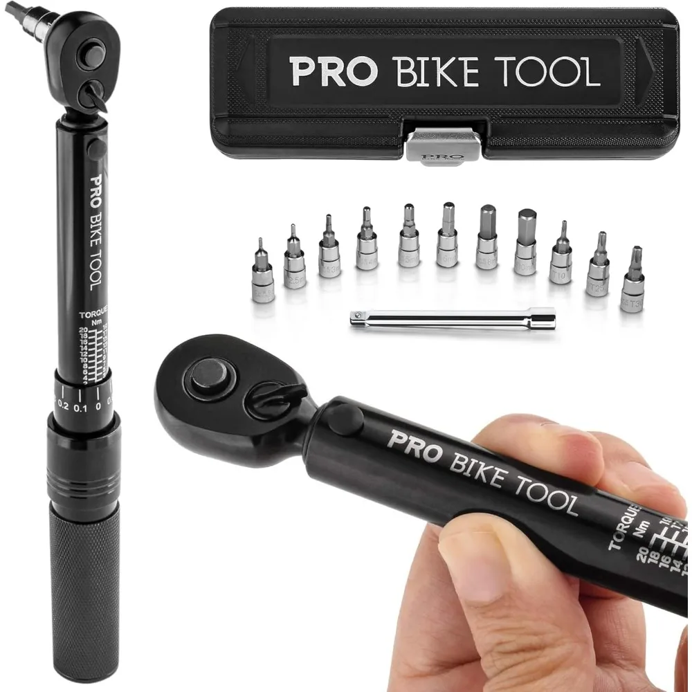 

Набор велосипедных динамометрических ключей, диапазон 2-20 Нм с ящиком для хранения, шестигранными и торцевыми головками, удлинитель